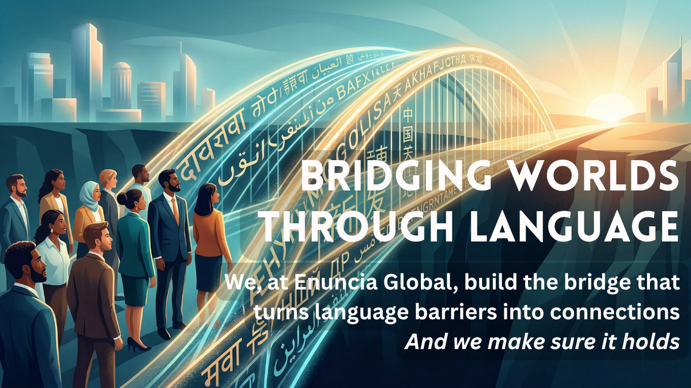 A glowing digital bridge made of various global writing scripts connecting a diverse group of professionals across a dark chasm toward a bright sunrise depicting Enuncia Global.