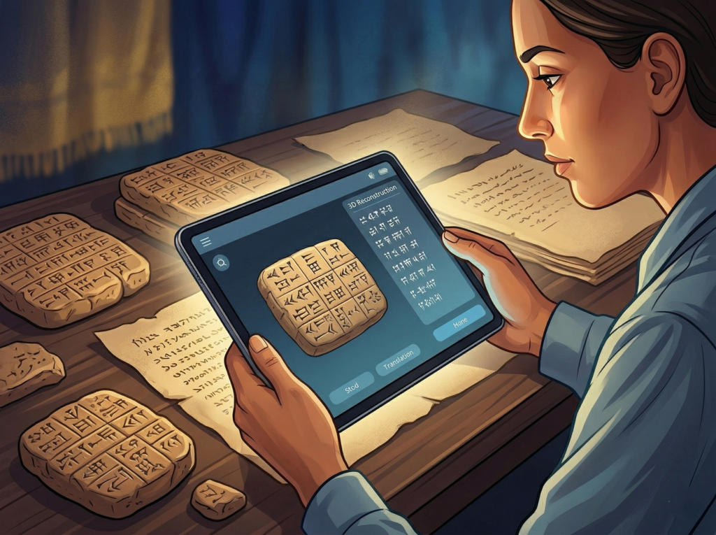 A researcher sitting at a desk studying ancient clay tablets with cuneiform script, holding a modern digital tablet that shows a 3D scan and translation of the ancient text.