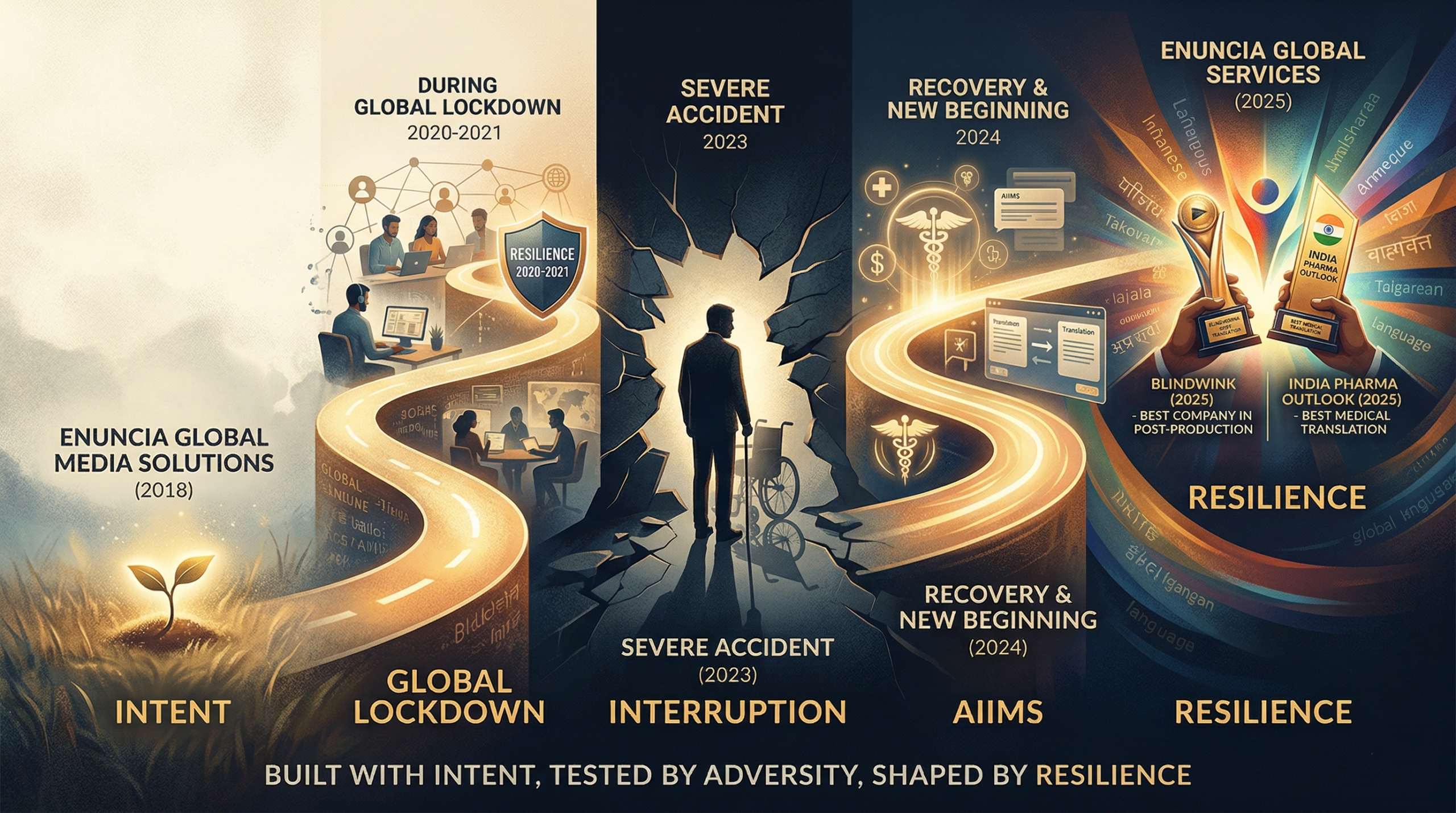 Enuncia Global journey representing resilience, growth, and the founder Manoharan Nair’s path from establishment to recovery and success