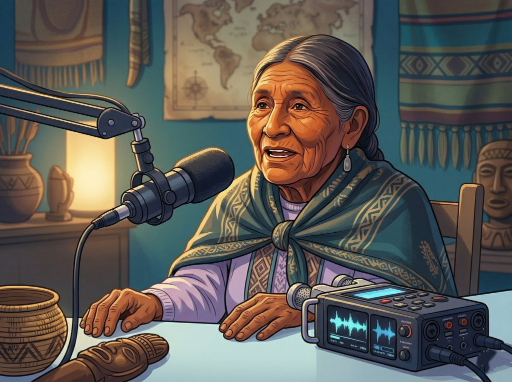 An elderly indigenous woman speaking passionately into a professional studio microphone, with a digital audio recorder capturing her voice on the desk in front of her.