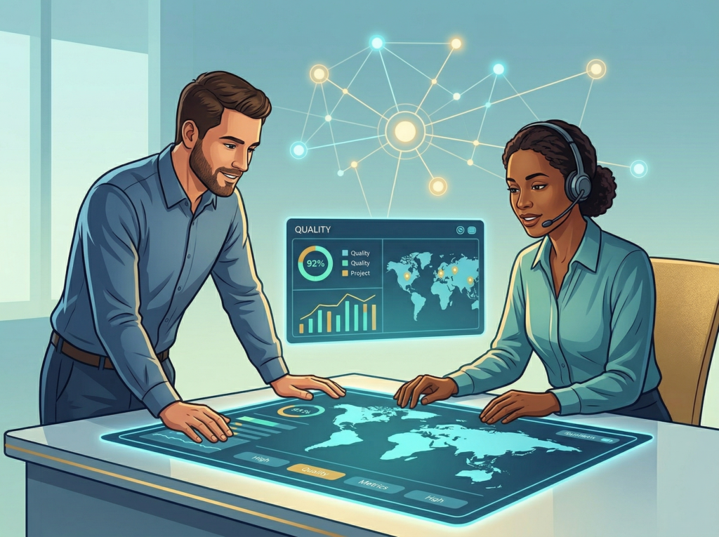 Two modern professionals, a man and a woman with a headset, collaborating at a futuristic desk with a glowing interactive map of the world and a digital dashboard tracking translation quality.