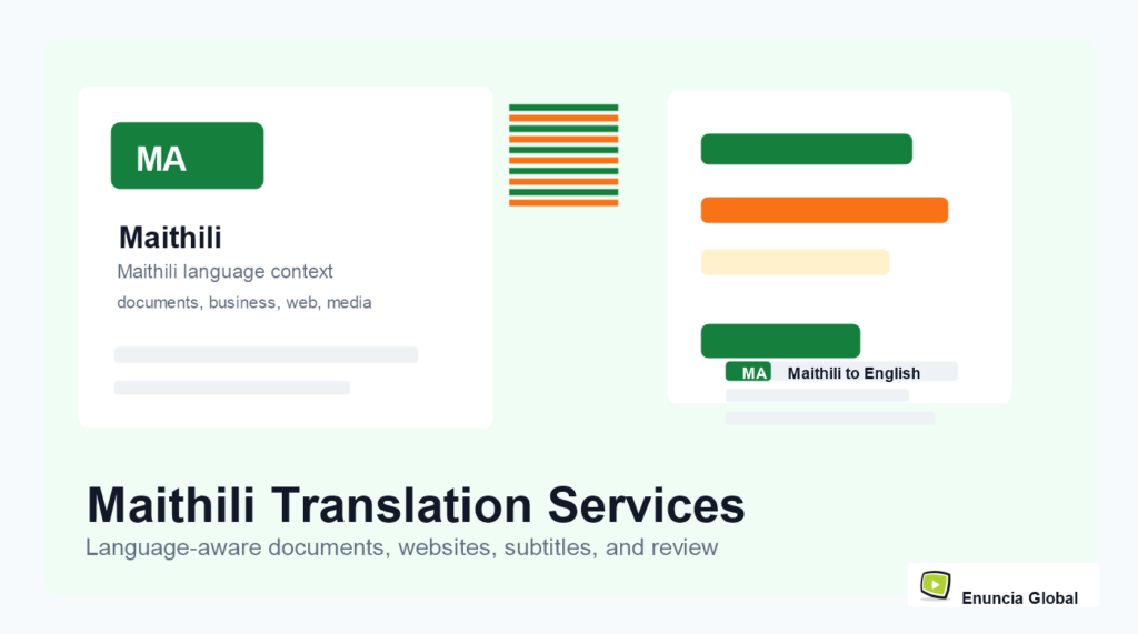 Maithili Translation Services service page image with Enuncia Global watermark