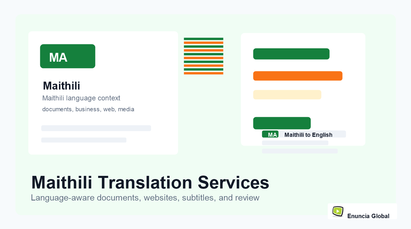 Maithili Translation Services service page image with Enuncia Global watermark