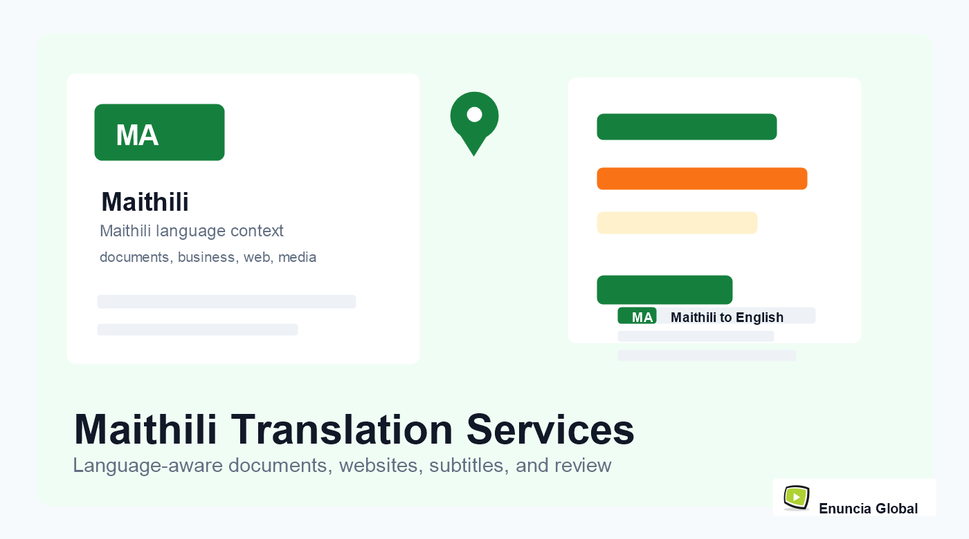 Maithili Translation Services service page image with Enuncia Global watermark