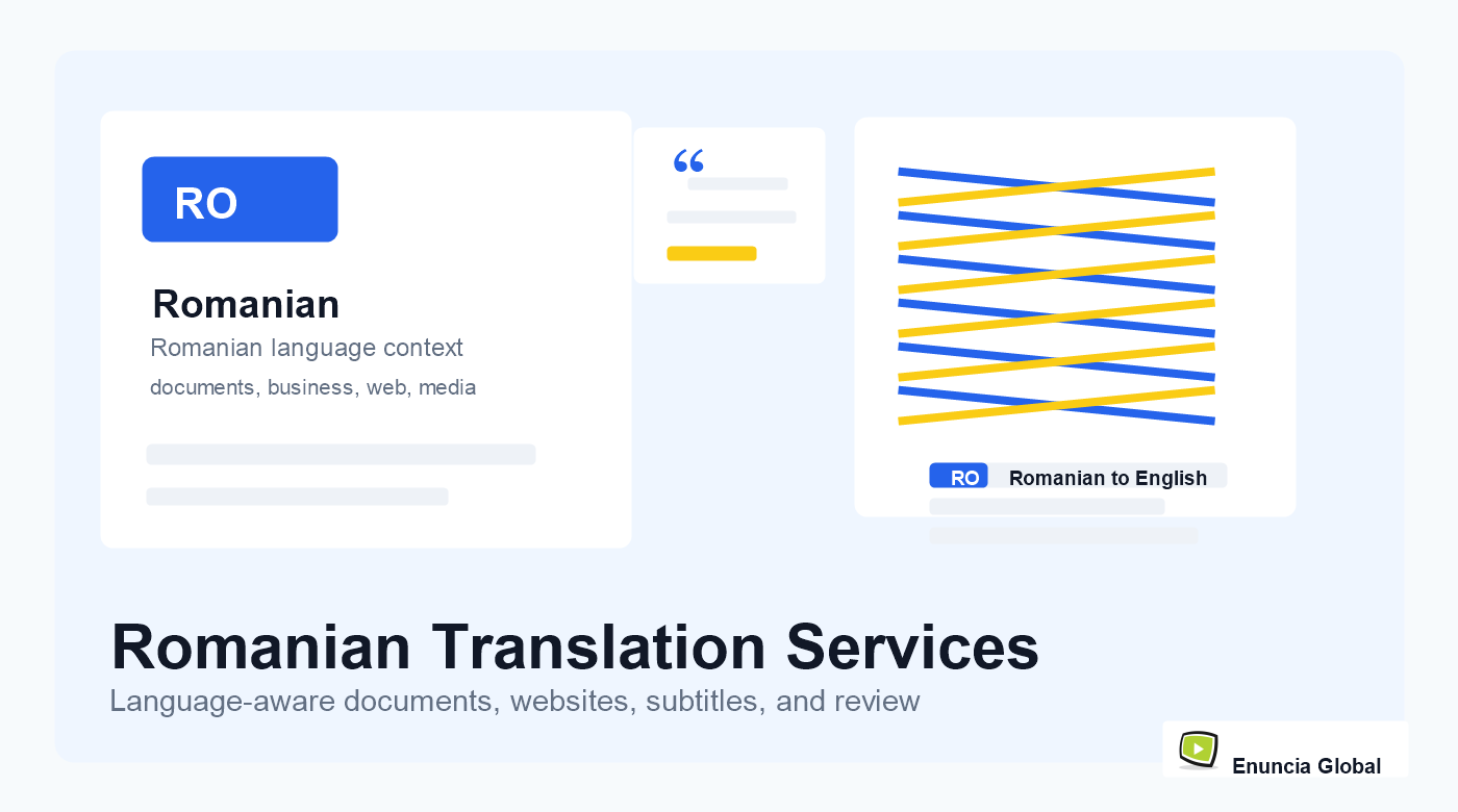 Romanian Translation Services service page image with Enuncia Global watermark