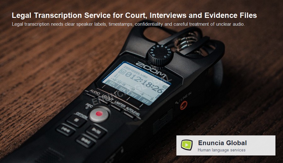 Legal Transcription Service for Court, Interviews and Evidence Files by Enuncia Global - branded supporting image