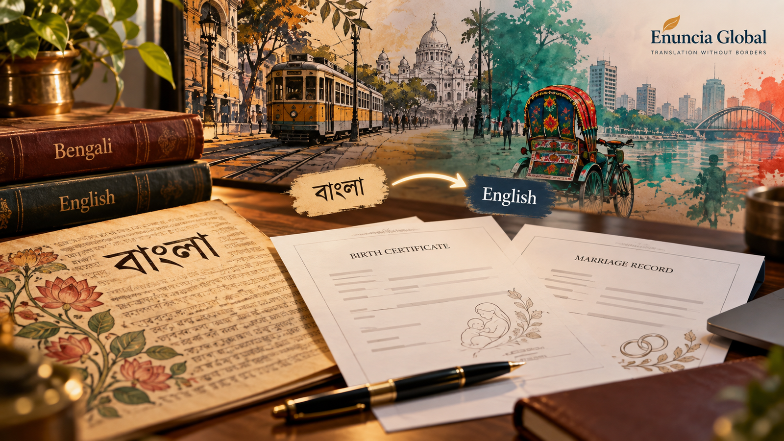 Bengali to English document translation for Indian and Bangladeshi records with Kolkata and Dhaka cultural cues