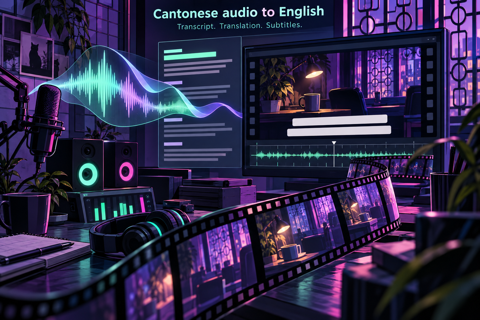 Cantonese audio artwork showing an interview waveform, a transcript and a subtitled video timeline as different outputs.