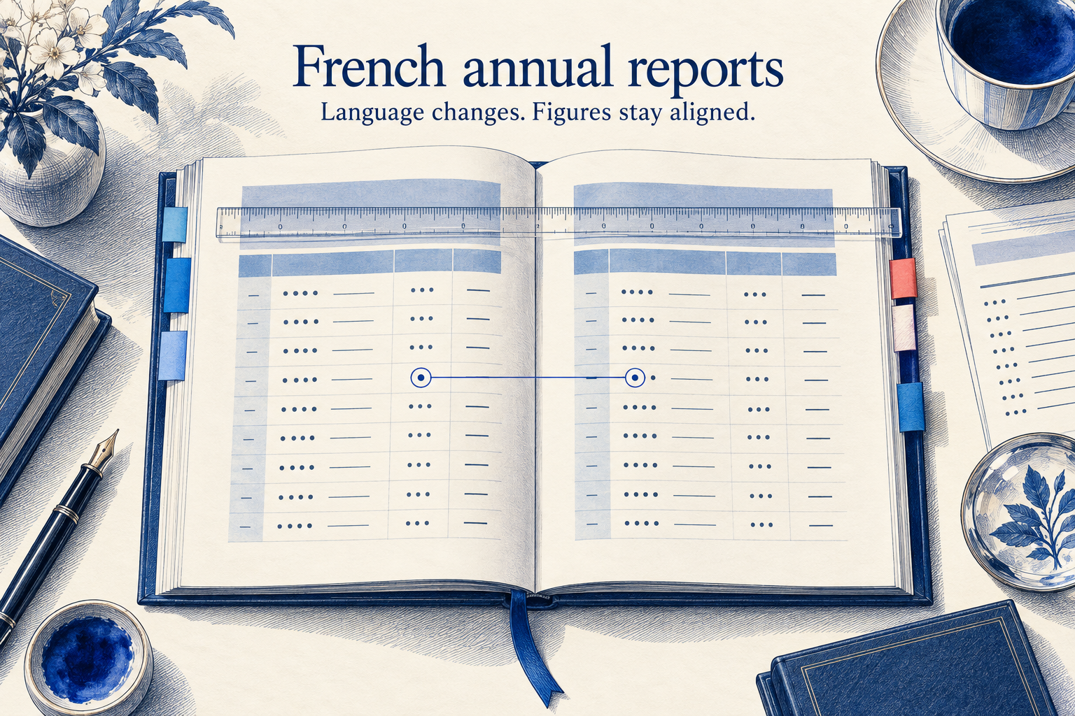 Editorial illustration of an annual report with aligned reporting columns and matching reference tabs for French translation.