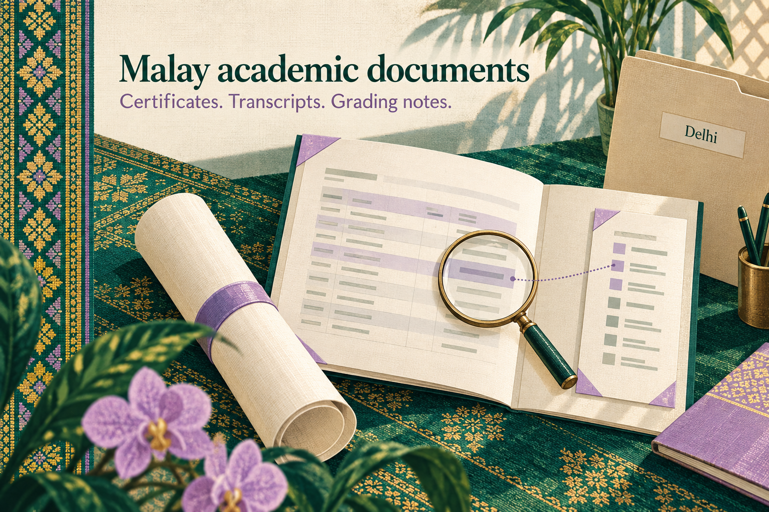Malay academic translation illustration with a certificate, transcript and grading notes arranged as a complete document packet.
