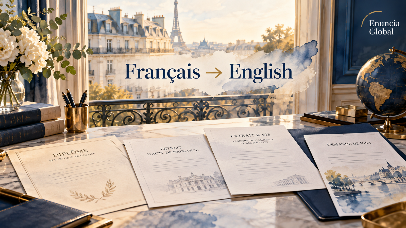 French to English certified translation desk with French diploma, birth extract, business registry and visa file