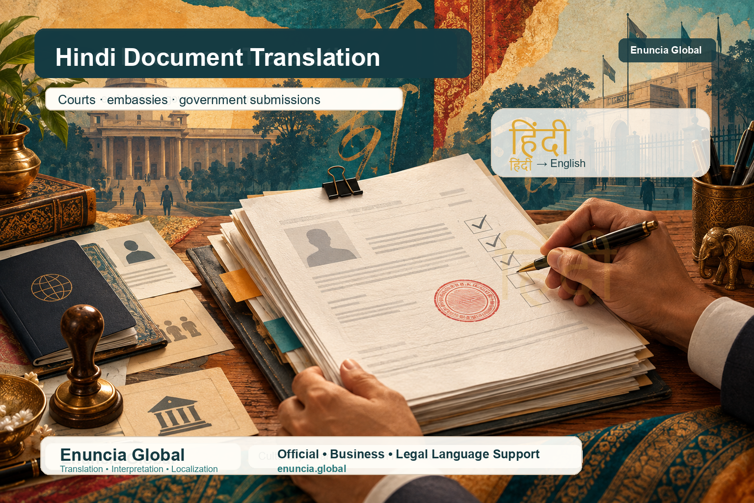 Enuncia Global branded image for Hindi document translation covering court, embassy and government records.
