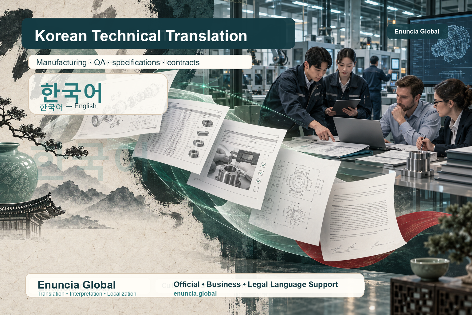 Enuncia Global branded image for Korean to English technical translation covering manufacturing files, QA records and contracts.