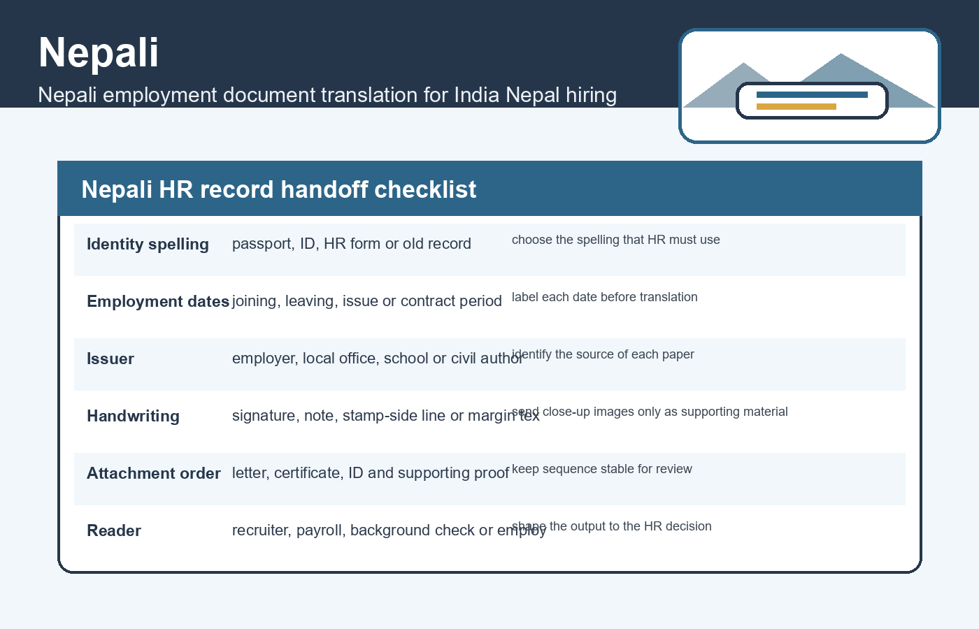 Nepali HR record handoff checklist for Nepali employment document translation for India Nepal hiring