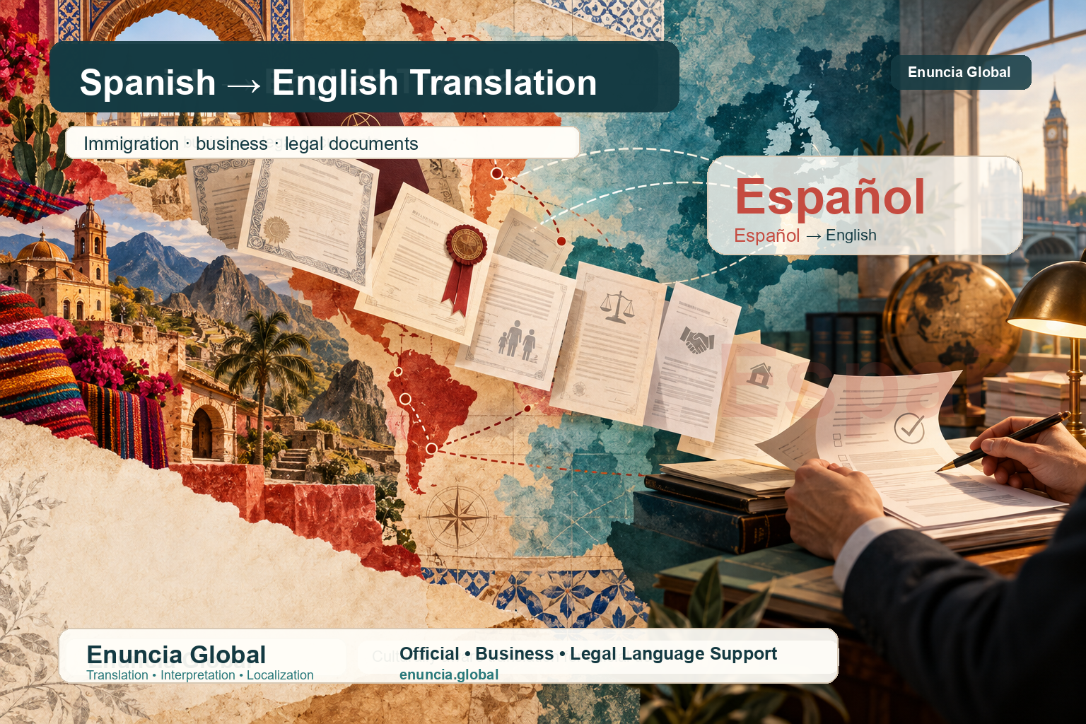 Enuncia Global branded image for Spanish to English immigration, business and legal document translation.