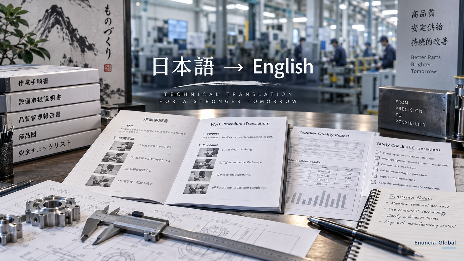 Japanese to English technical translation for manufacturing SOPs manuals and supplier documents